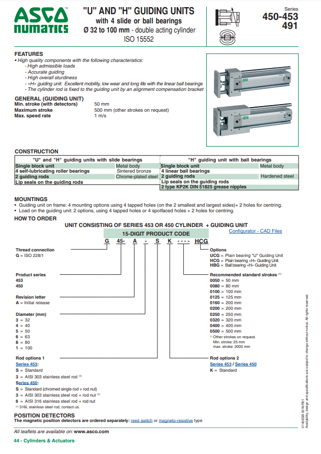 AVENTICS 400 SERIES U AND H GUIDING UNITS CATALOG 450-453, 491 SERIES: "U" & "H" GUIDED UNITS WITH 4 SLIDE OR BALL BEARINGS